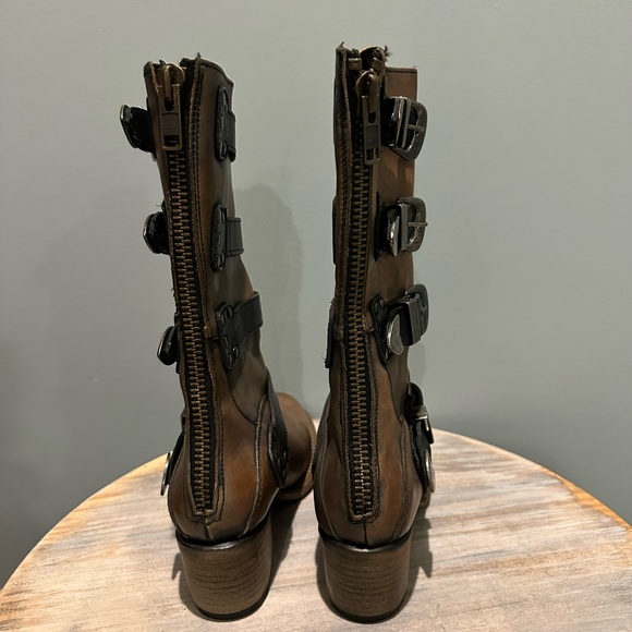 FreeBird Notorious Harness Buckle Zipper detail Brown/Tan Leather Boots 7 - Picture 7 of 16